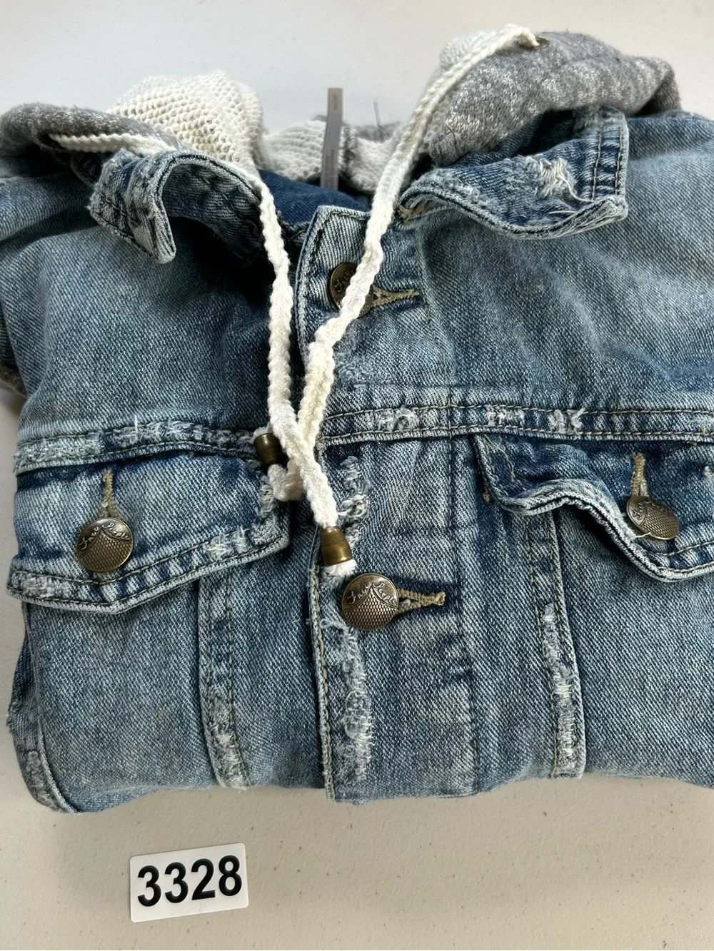 Free People Denim Jacket S/P Blue Wash Distressed Removable Hoodie French Terry - Picture 11 of 11